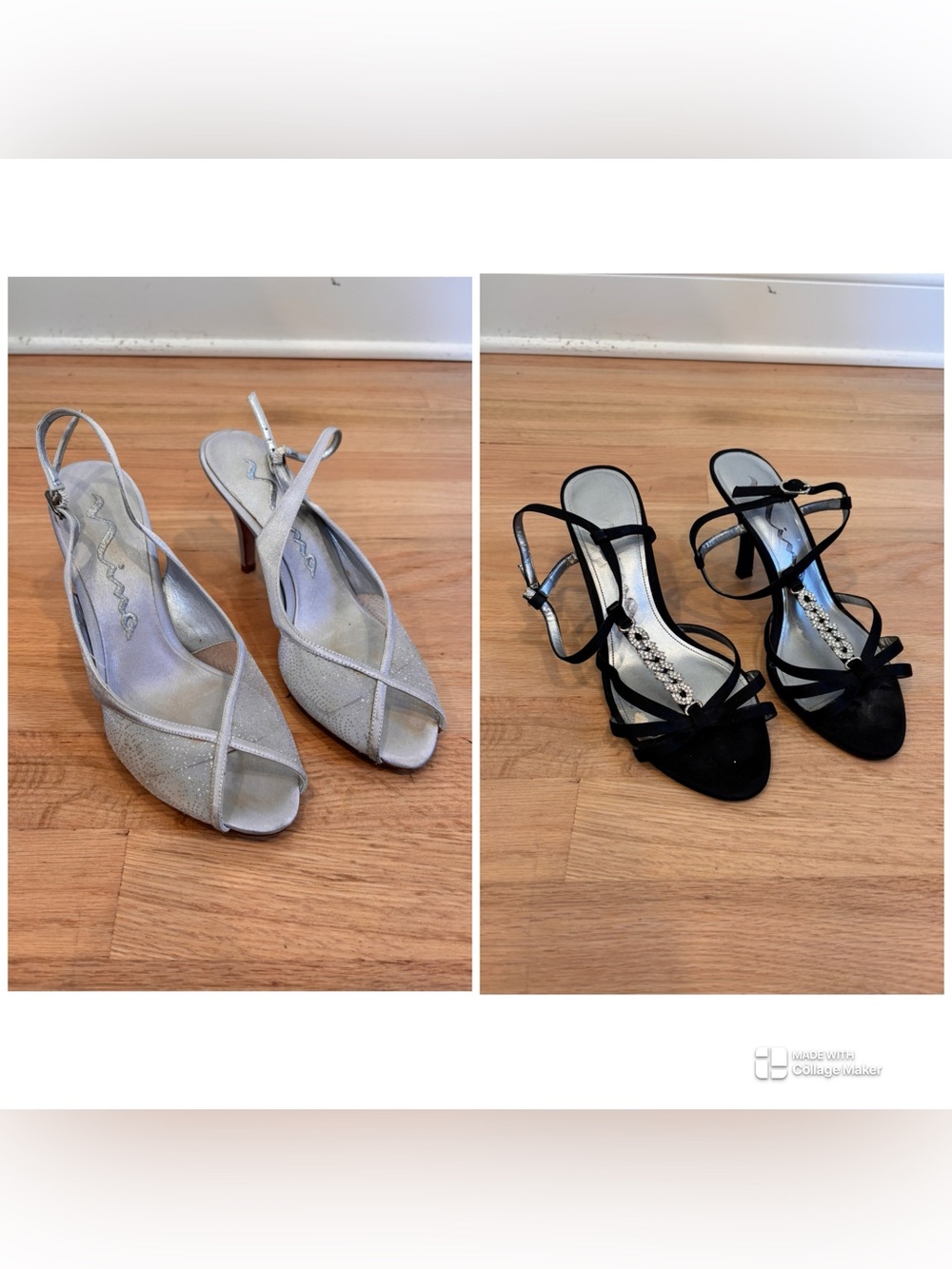 Set of 2 Nina heels, silver peep-toes (size 8) and black sandals (size 7.5)